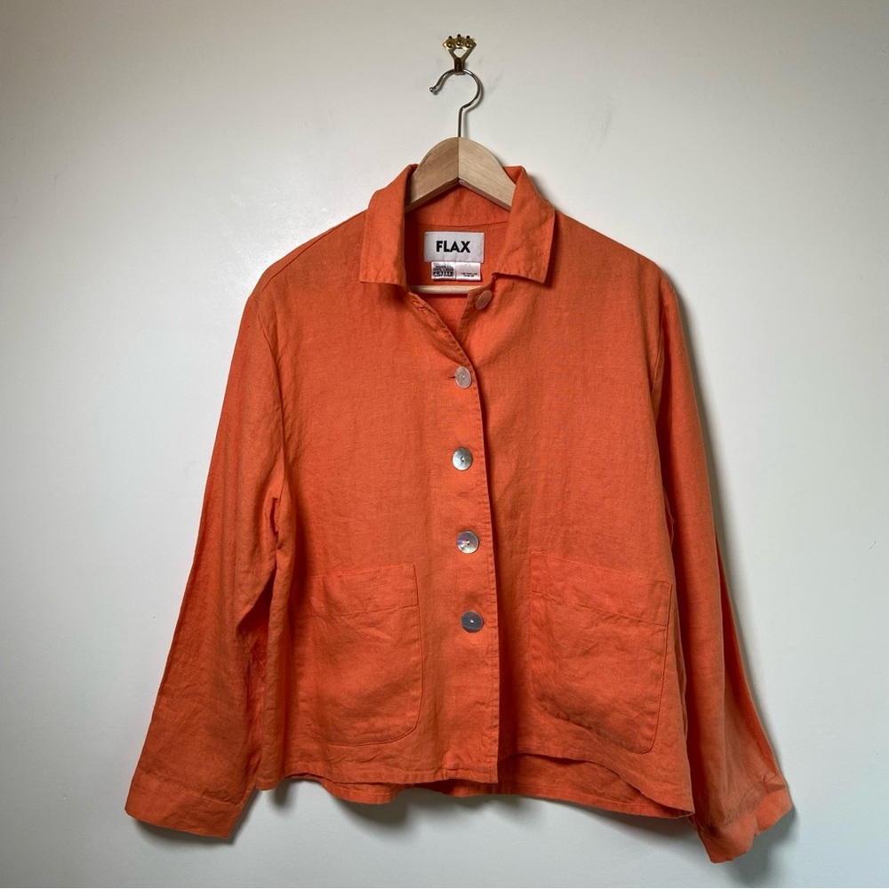 FLAX Linen Chore Coat Shirt in Orange Small